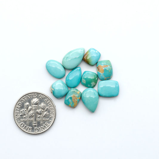 Royston Turquoise cabochons, blue-green color with natural matrix, polished stones on a white background, with a US dime for scale