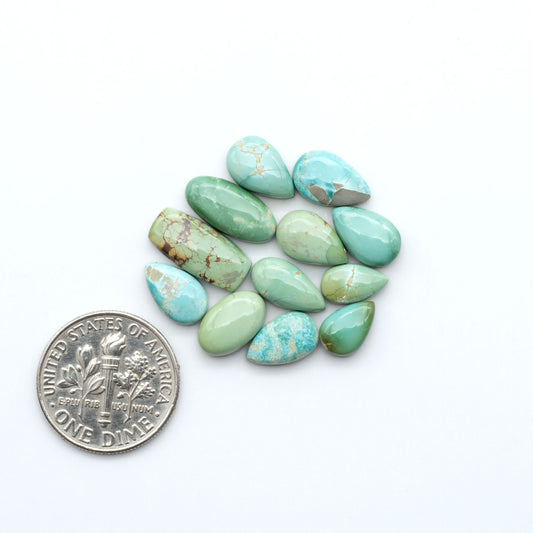Royston Turquoise cabochons, blue-green color with natural matrix, polished stones on a white background, with a US dime for scale