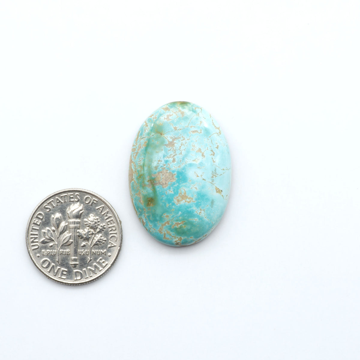 Royston Turquoise cabochons, blue-green color with natural matrix, polished stones on a white background, with a US dime for scale