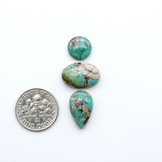 Royston Turquoise cabochons, blue-green color with natural matrix, polished stones on a white background, with a US dime for scale