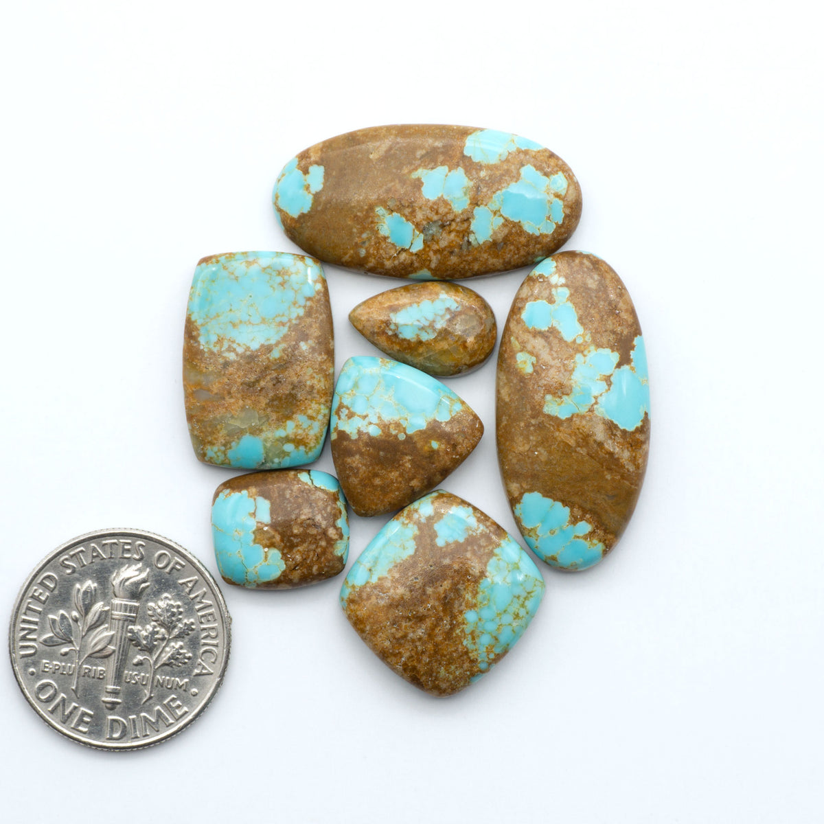 Number 8 Turquoise cabochons, blue and green color with brown matrix, polished stones on a white background, with a US dime for scale