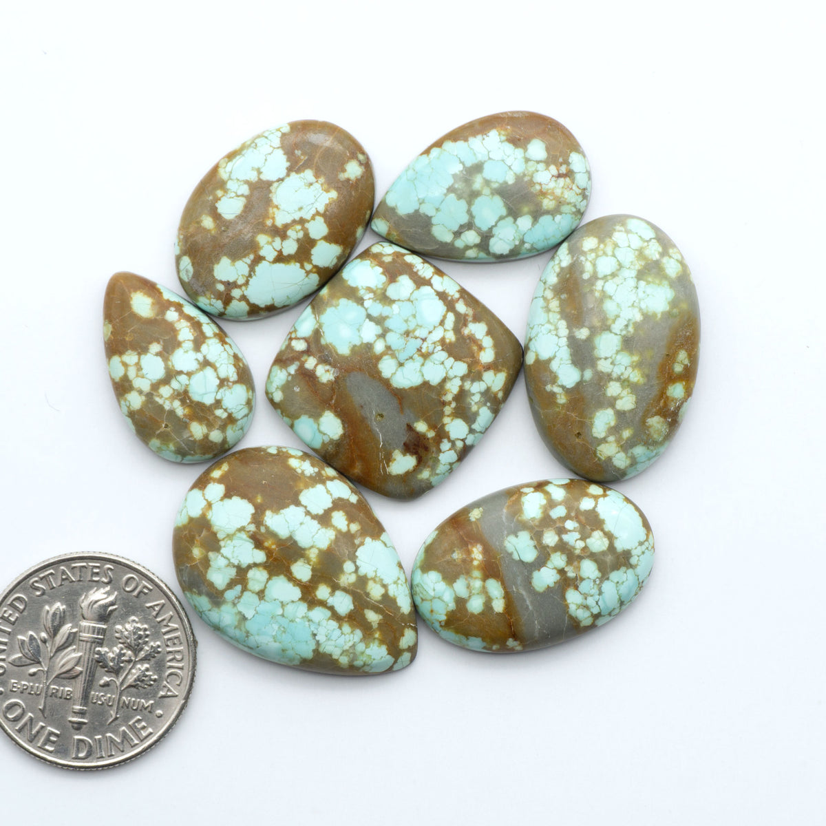 Number 8 Turquoise cabochons, blue and green color with brown matrix, polished stones on a white background, with a US dime for scale