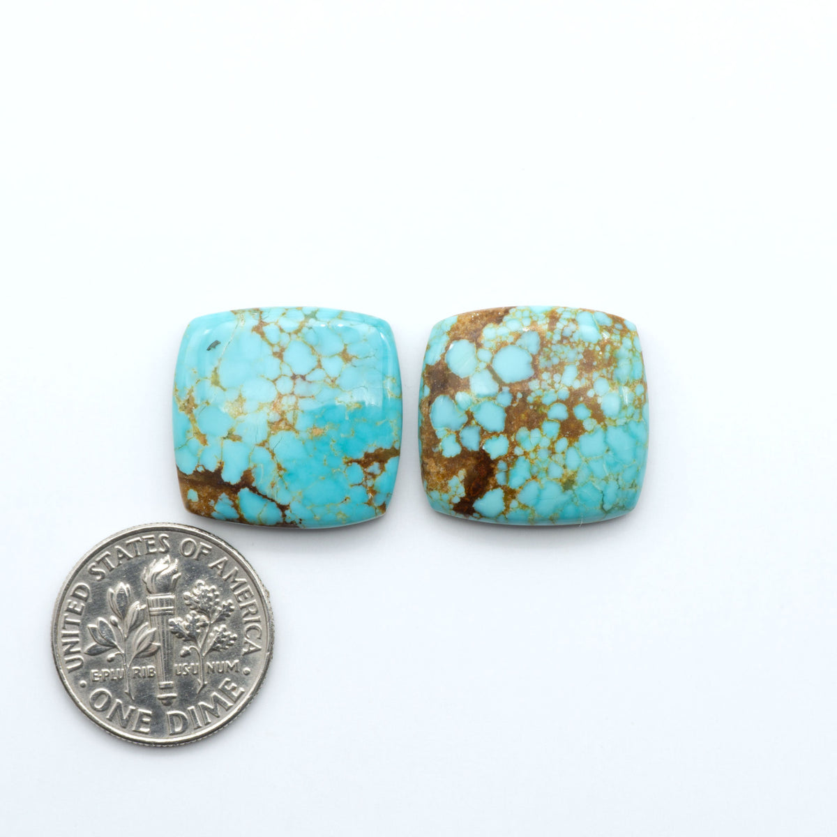Number 8 Turquoise cabochons, blue and green color with brown matrix, polished stones on a white background, with a US dime for scale