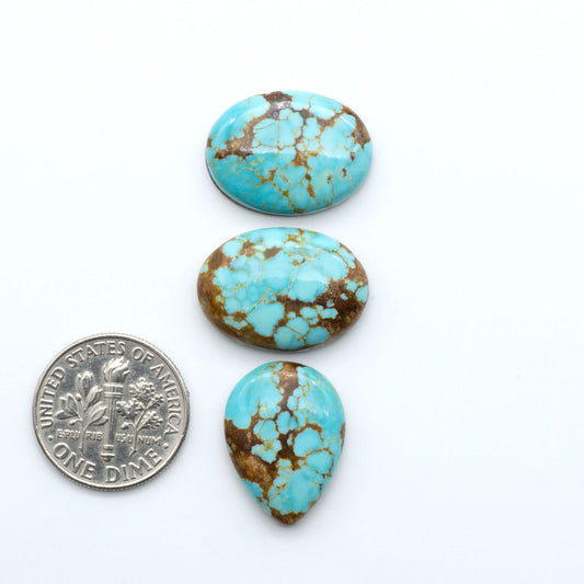 Number 8 Turquoise cabochons, blue and green color with brown matrix, polished stones on a white background, with a US dime for scale