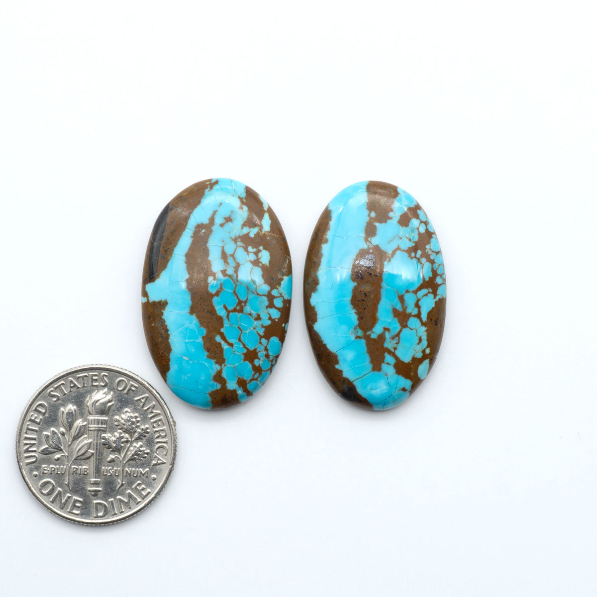 Number 8 Turquoise cabochons, blue and green color with brown matrix, polished stones on a white background, with a US dime for scale